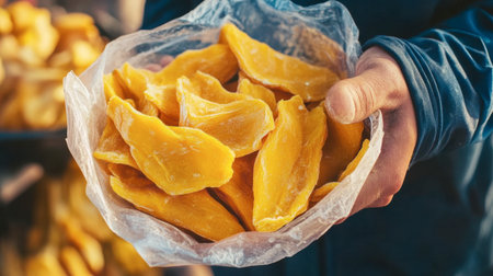 A hand holds a plastic bag filled with vibrant dried mango slices. This delicious snack captures the essence of tropical flavors and healthy living.の素材