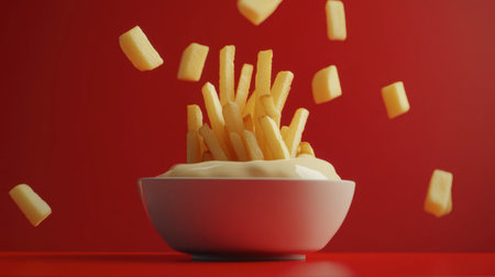 A vibrant image featuring crispy french fries floating above a bowl of creamy dip against a bright red background, perfect for food-related themes.の素材
