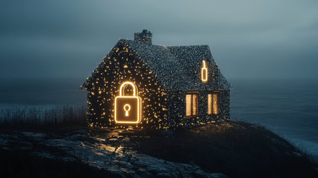 A beautifully illuminated house at dusk, featuring a glowing lock symbol in the design. This serene coastal scene evokes feelings of security and warmth.の素材