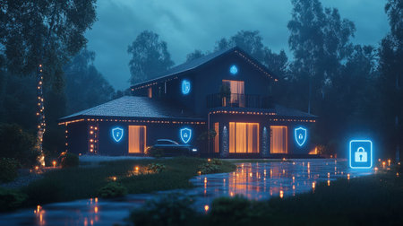 A modern house illuminated at night features blue security symbols, creating a serene and secure atmosphere. The stylish design blends with natural surroundings.の素材