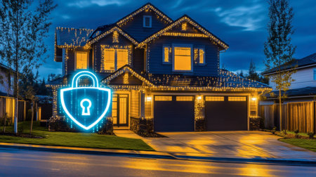 A modern house adorned with glowing security lights at dusk, showcasing a blend of safety and aesthetic appeal. Ideal for home security themes and evening residential settings.の素材