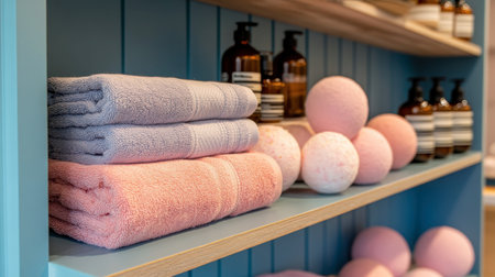 A beautifully arranged bathroom shelf featuring soft towels, bath products, and spherical bath bombs, creating a welcoming and tranquil atmosphere.の素材