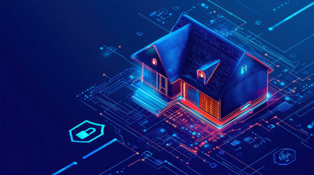 A futuristic digital home concept featuring circuit patterns and security elements, showcasing the integration of technology and modern architecture in a visual display.の素材