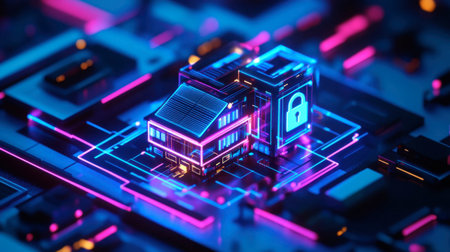 A vibrant digital security concept featuring a house structure illuminated by neon lights, symbolizing data protection and modern technology integration.の素材