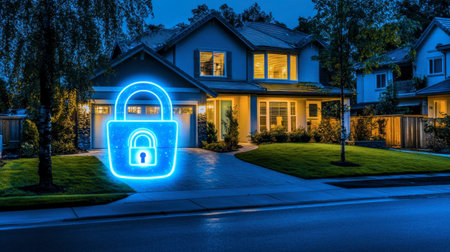 A digitally enhanced image showcasing a home with a glowing lock symbol at night. This represents security and modern technology in residential areas.の素材