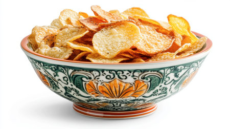 A vibrant bowl filled with crispy potato chips, perfect for snacking or serving at gatherings. Ideal for parties, gatherings, or casual indulgence.の素材