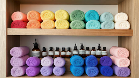 A neatly arranged display of colorful towels and elegant bottles on a wooden shelf, creating a vibrant and inviting spa ambiance perfect for relaxation.の素材