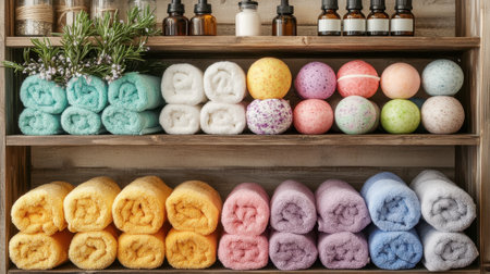 A beautifully arranged wooden shelf showcasing colorful towels and bath products. This setup evokes a sense of relaxation and wellness, perfect for spa or home decor.の素材