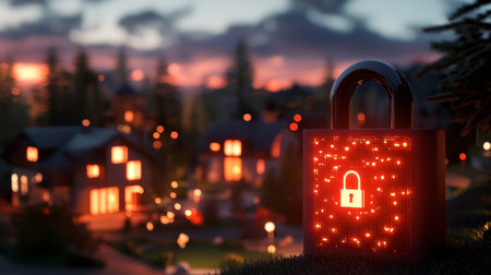 A vibrant lock symbol shines brightly in a serene neighborhood at dusk, symbolizing security and protection in a modern setting. Ideal for safety themes.の素材