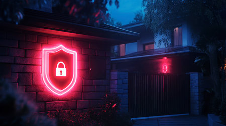 A vibrant neon shield with a lock illuminates a modern home, symbolizing security and safety in a residential area during the night.の素材