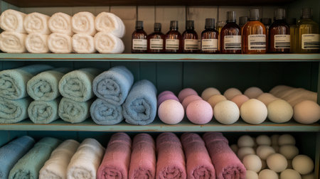 A beautifully arranged display of soft towels and spa supplies, showcasing a soothing color palette and inviting ambiance perfect for relaxation and self-care.の素材