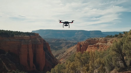A drone hovers above a stunning canyon landscape, capturing the essence of adventure and technology in harmony with nature's beauty.の素材