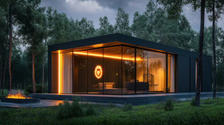 A stunning modern house at dusk, featuring warm lighting and large glass windows. Surrounded by lush greenery, this architectural gem invites tranquility and relaxation.の素材