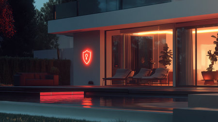 A serene modern home at night featuring a pool and a glowing neon security icon, creating a relaxing atmosphere for contemporary living.の素材