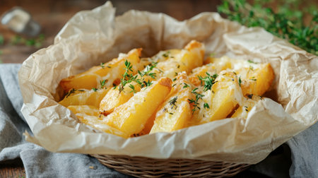 A delicious serving of crispy golden potato wedges garnished with fresh herbs, presented in a rustic basket for a cozy dining experience.の素材