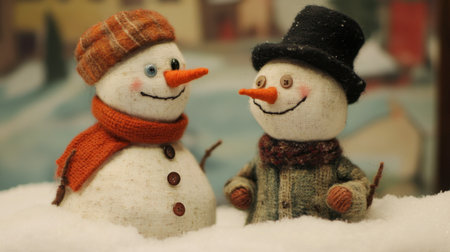 Two charming snowmen wearing cozy scarves and hats smile at each other in a whimsical winter scene, evoking the joy of the holiday season.の素材