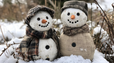 Two charming snowmen stand together in a snowy landscape, dressed in cozy scarves and hats, radiating warmth and joy in a winter setting.の素材