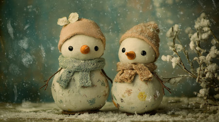 Two charming snowmen adorned with cozy hats and scarves create a delightful winter scene. Perfect for holiday decor or capturing the spirit of the season.の素材