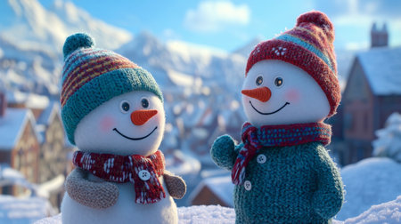 Two cheerful snowmen wearing colorful scarves and hats stand in a picturesque winter landscape, embodying the joy and magic of the holiday season.の素材