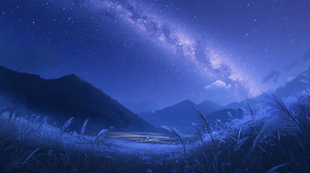 A tranquil night sky showcases a magnificent galaxy over a serene mountain landscape. The scene exudes beauty, calmness, and a sense of wilderness.の素材