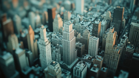 A stunning aerial view of an urban skyline captured at dusk, showcasing a blend of modern architecture and city life with illuminated buildings and intricate patterns.の素材