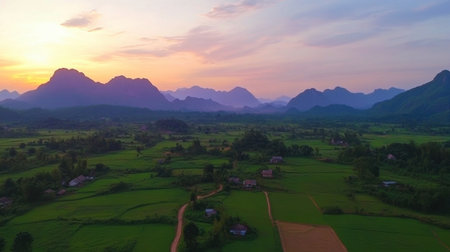 A breathtaking aerial view of a green valley at sunset, showcasing majestic mountains in the background. The tranquil scene captures the beauty of nature and the rich colors of dusk.の素材