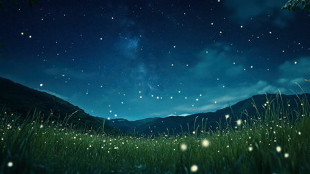 A serene night scene showcasing glowing fireflies in a grassy field under a starry sky. The tranquil landscape evokes a sense of wonder and magic.の素材