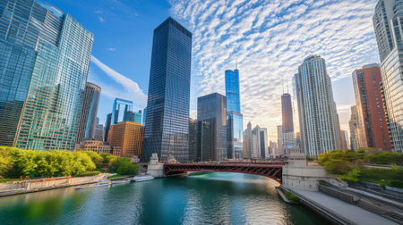 Stunning view of the Chicago River with iconic skyline at sunrise. The reflected colors and modern architecture create a tranquil atmosphere.の素材