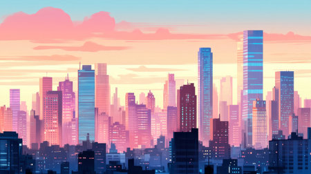 A stunning illustration of a vibrant city skyline at sunset. The urban landscape features modern buildings glimmering with rich hues, creating a captivating scene.の素材