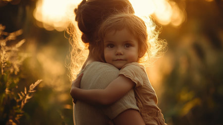 A heartwarming scene of a mother holding her child during sunset. This tender moment captures the deep bond and love shared in a peaceful, natural setting.の素材