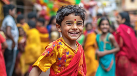 A joyful child dressed in vibrant festival attire smiles brightly amidst a colorful celebration. The scene captures the essence of community spirit and cultural joy.の素材