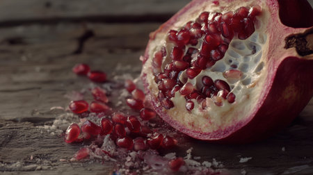 A fresh pomegranate sliced open, revealing juicy red seeds scattered on a rustic wooden surface. Perfect for healthy food themes and seasonal recipes.の素材
