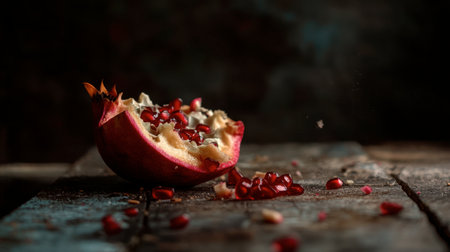 A vibrant pomegranate cut in half reveals juicy seeds scattered on a rustic wooden table. This colorful fruit evokes freshness and natural beauty.の素材