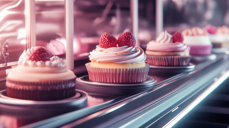 A vibrant display of assorted cupcakes with creamy frosting and fresh strawberries. Perfect for showcasing desserts in a modern bakery setting.の素材