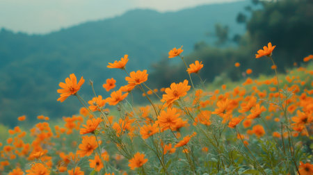 A serene view of vibrant orange flowers gently swaying in the breeze, set against rolling green hills and a soft sky, creating a peaceful landscape.の素材