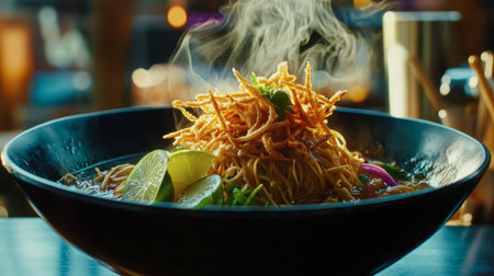 A steaming bowl of delicious noodles garnished with crispy toppings and fresh lime. Perfect for showcasing culinary delights in a vibrant setting.の素材