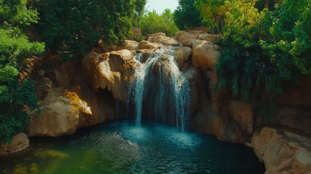 A beautiful waterfall flows gently into a serene pool, surrounded by lush greenery and natural rocks. This tranquil scene captures the essence of nature's beauty.の素材