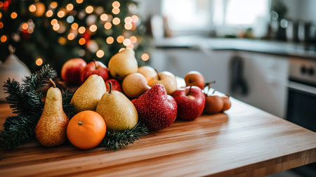 A vibrant display of fresh fruits on a wooden table, showcasing apples, pears, and oranges against a beautifully decorated Christmas tree background, perfect for holiday themes.の素材