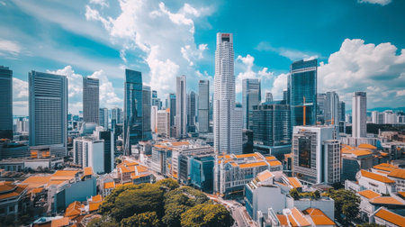 A stunning aerial view of a vibrant cityscape featuring modern skyscrapers against a bright blue sky with fluffy clouds. Perfect for showcasing urban life.の素材