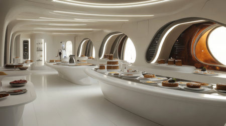 A modern futuristic bakery interior featuring sleek design and elegant pastries. The bright, airy space showcases an array of delicious desserts in a serene atmosphere.の素材