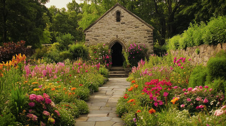 A beautiful garden pathway lined with vibrant flowers leads to a charming stone building. This serene landscape invites tranquility and nature's splendor.の素材