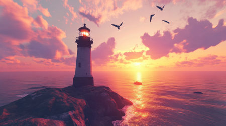 A stunning lighthouse stands against a vibrant sunset, casting warm light over the ocean. Birds soar across the colorful sky, evoking a sense of peace.の素材