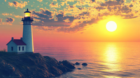 A stunning lighthouse stands on rocky shores as a vibrant sunset paints the sky. This captivating scene captures the tranquility of nature by the sea.の素材
