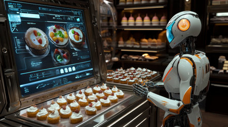 A futuristic robot chef designs exquisite desserts in a modern bakery setting. This high-tech scene showcases innovative culinary technology and creativity.の素材
