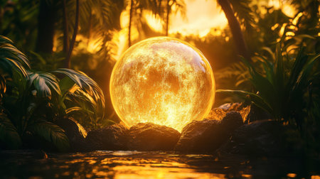 A captivating sphere emits a warm glow amidst a vibrant jungle scene, surrounded by lush greenery and shimmering water, evoking a magical atmosphere.の素材