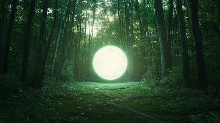 A mystical glowing sphere emerges in a lush, green forest, creating a serene atmosphere that invites exploration and reflection in nature's beauty.の素材