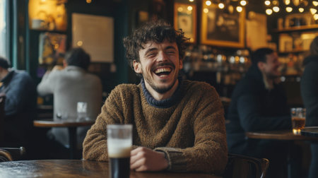 A joyful man relaxes in a cozy cafe, enjoying a drink and laughing heartily, capturing the essence of comfort and friendship in a vibrant atmosphere.の素材