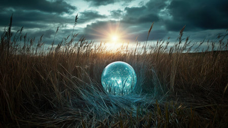 A captivating scene featuring an enchanting sphere resting in a golden field during sunset, radiating a mystical glow under dramatic clouds.の素材