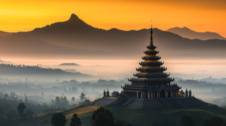 A stunning view of a temple at sunrise, surrounded by misty mountains and lush greenery, creating a peaceful and serene atmosphere for travelers.の素材