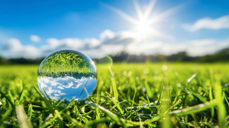 A crystal sphere reflects a vibrant green grass field under bright sunlight, creating a mesmerizing interplay of nature, light, and reflections.の素材